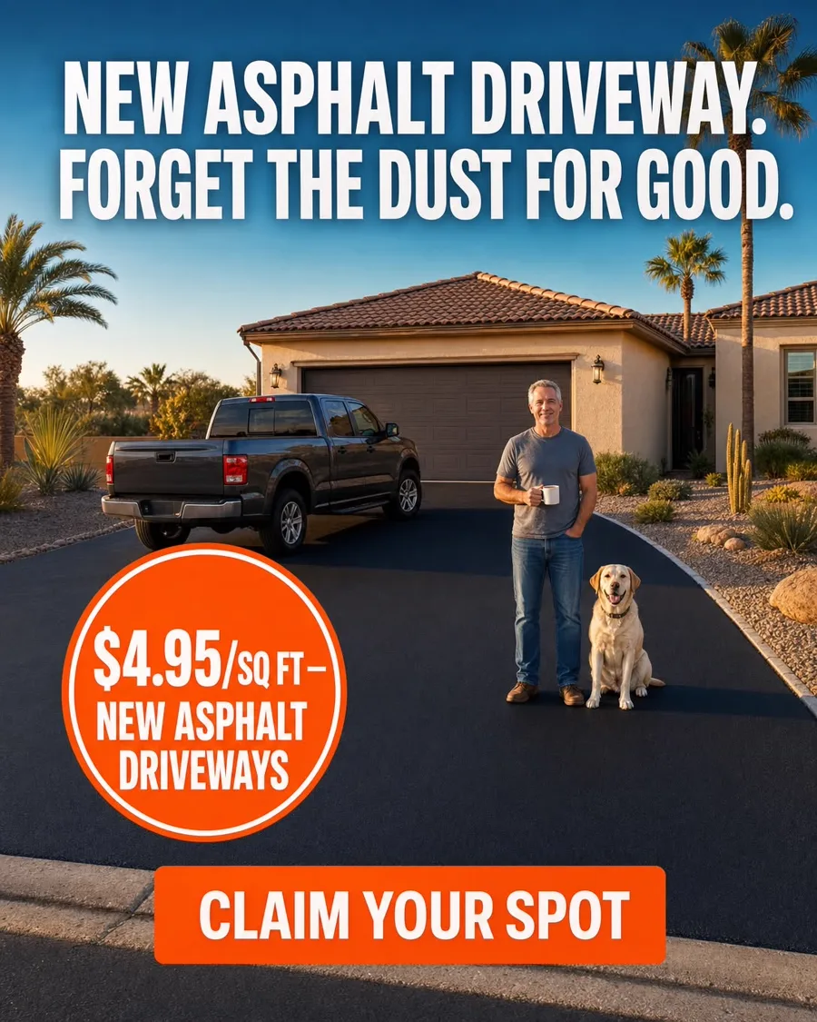 New asphalt driveway in front of a Yuma, Arizona home — $4.95 per square foot