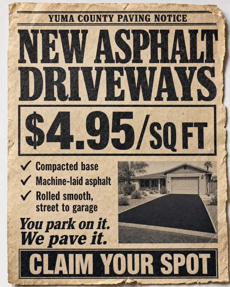 Yuma County paving notice — new asphalt driveways, $4.95 a square foot: compacted base, machine-laid asphalt, rolled smooth street to garage
