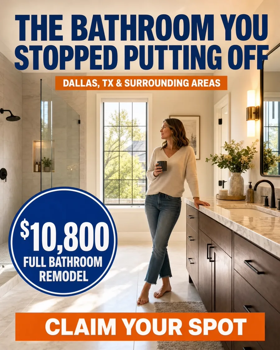 Homeowner standing in a finished remodeled bathroom — $10,800, Dallas crew