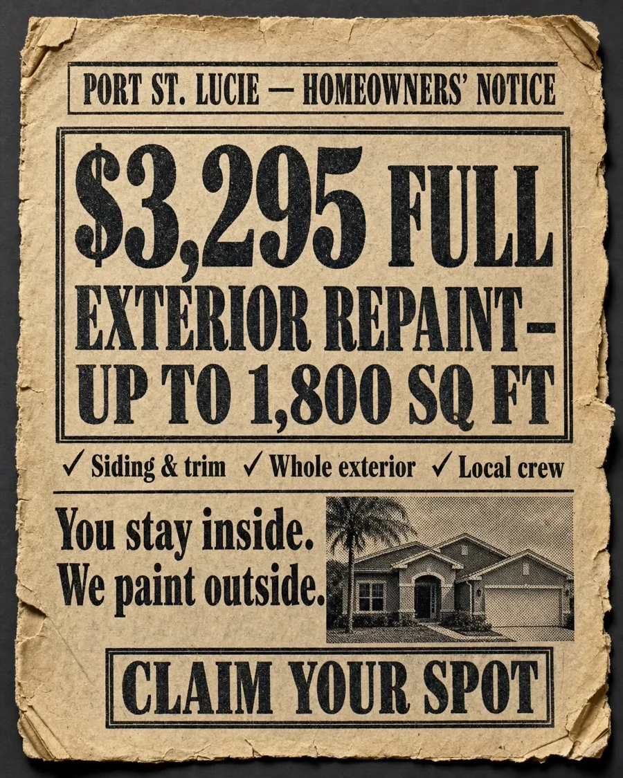 $3,295 full exterior repaint up to 1,800 sq ft — the price in print, Port St. Lucie