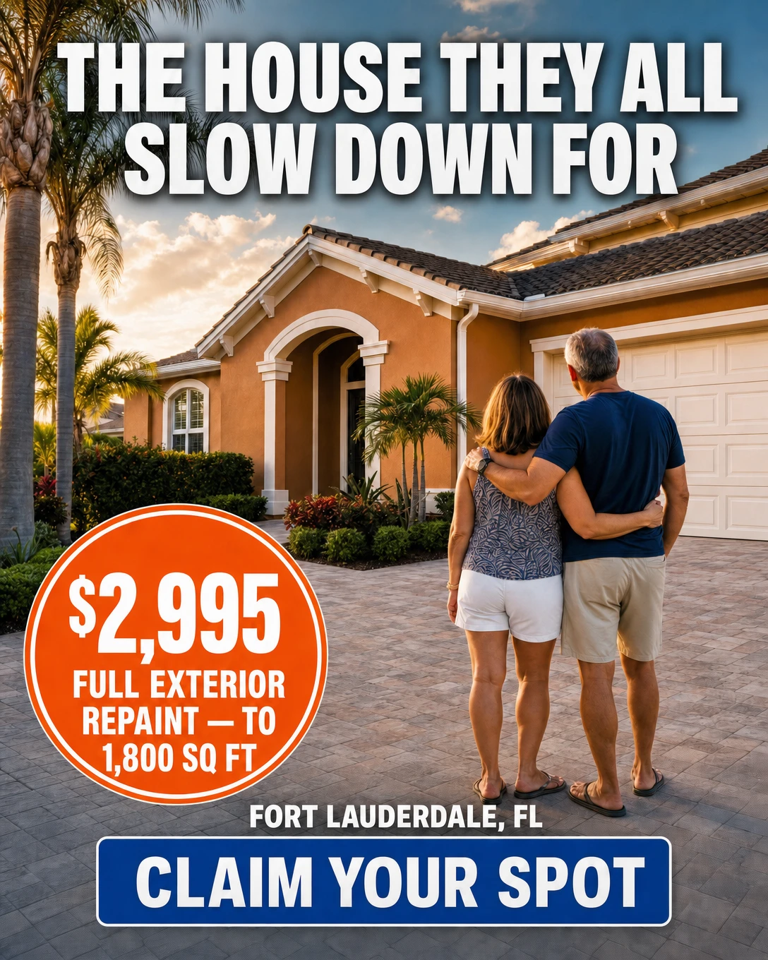 Couple standing in front of their freshly repainted Florida home — the house they all slow down for