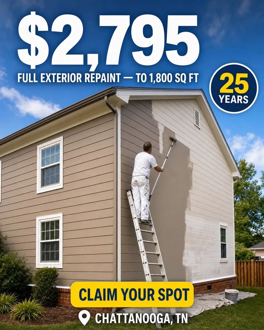 $2,795 full exterior repaint, homes up to 1,800 sq ft — Chattanooga and Cleveland, Tennessee