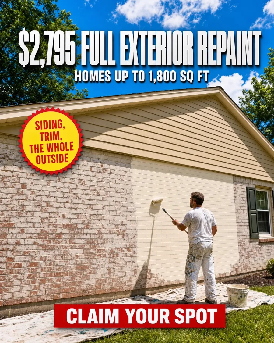 The whole outside, one number — $2,795 full exterior repaint up to 1,800 sq ft
