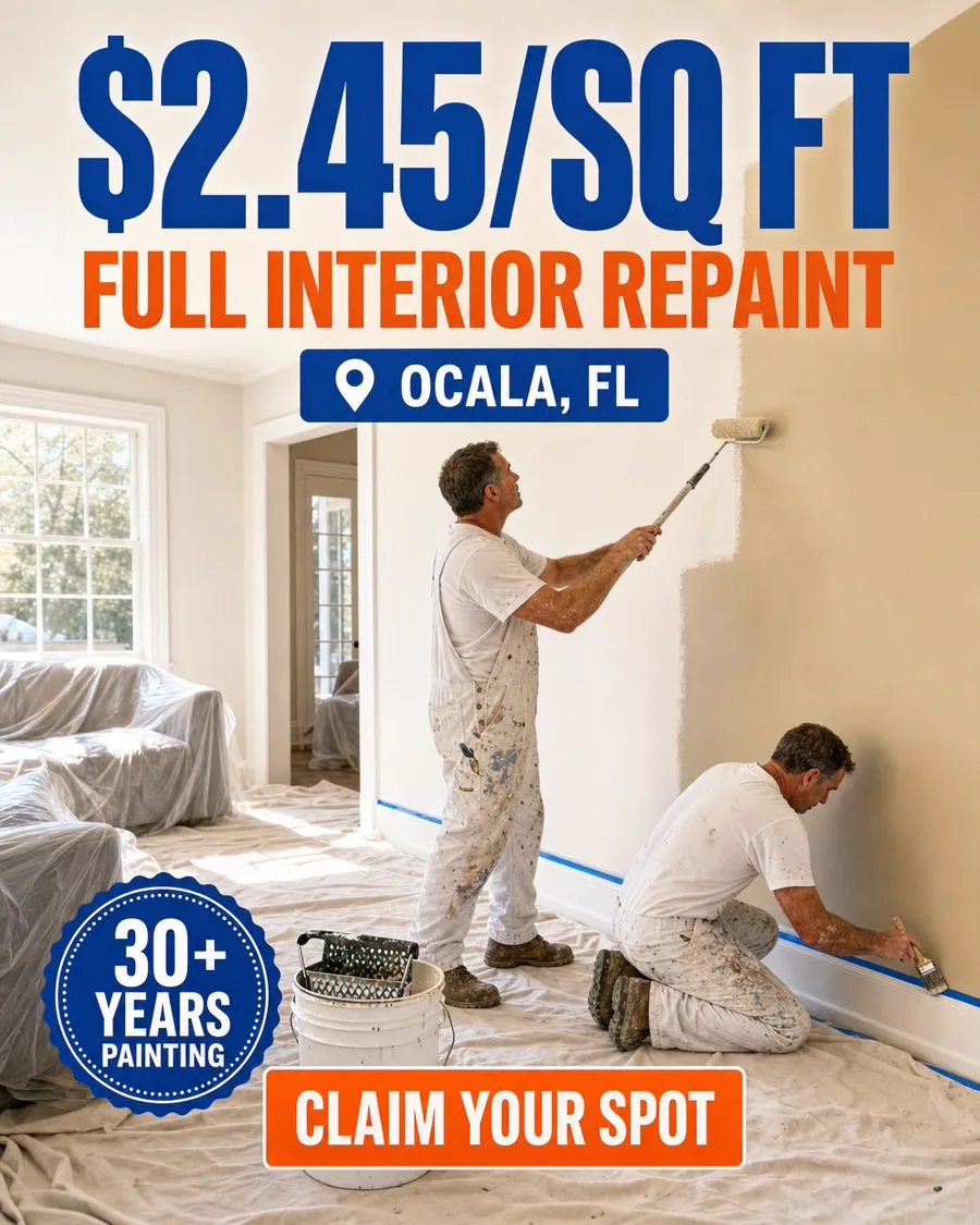 Freshly painted Florida living room with the price on the wall — $2.45 per square foot full interior repaint, Ocala