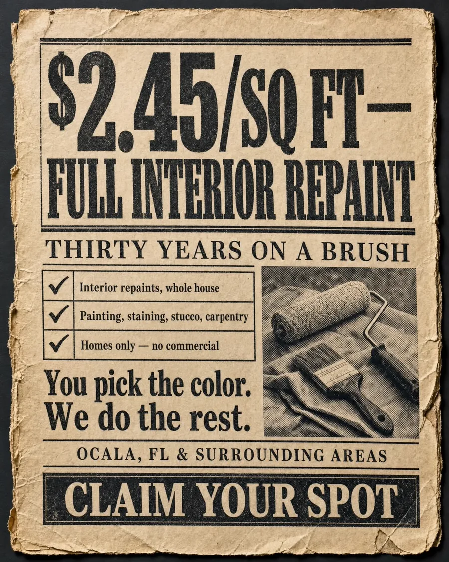 Thirty years, one price — $2.45 a square foot full interior repaint, Ocala and Gainesville