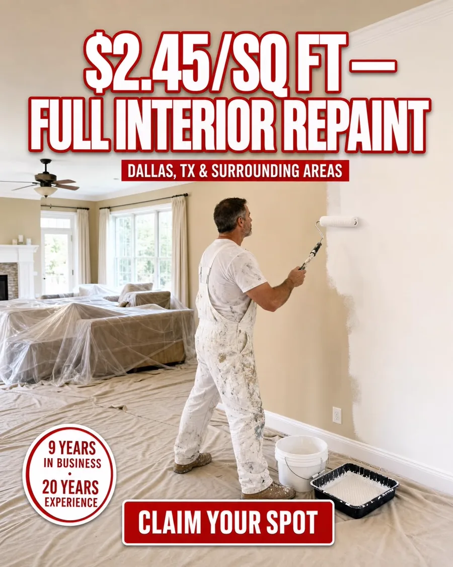 Freshly painted living room with the price on the wall — $3,675 full interior repaint, Dallas–Fort Worth