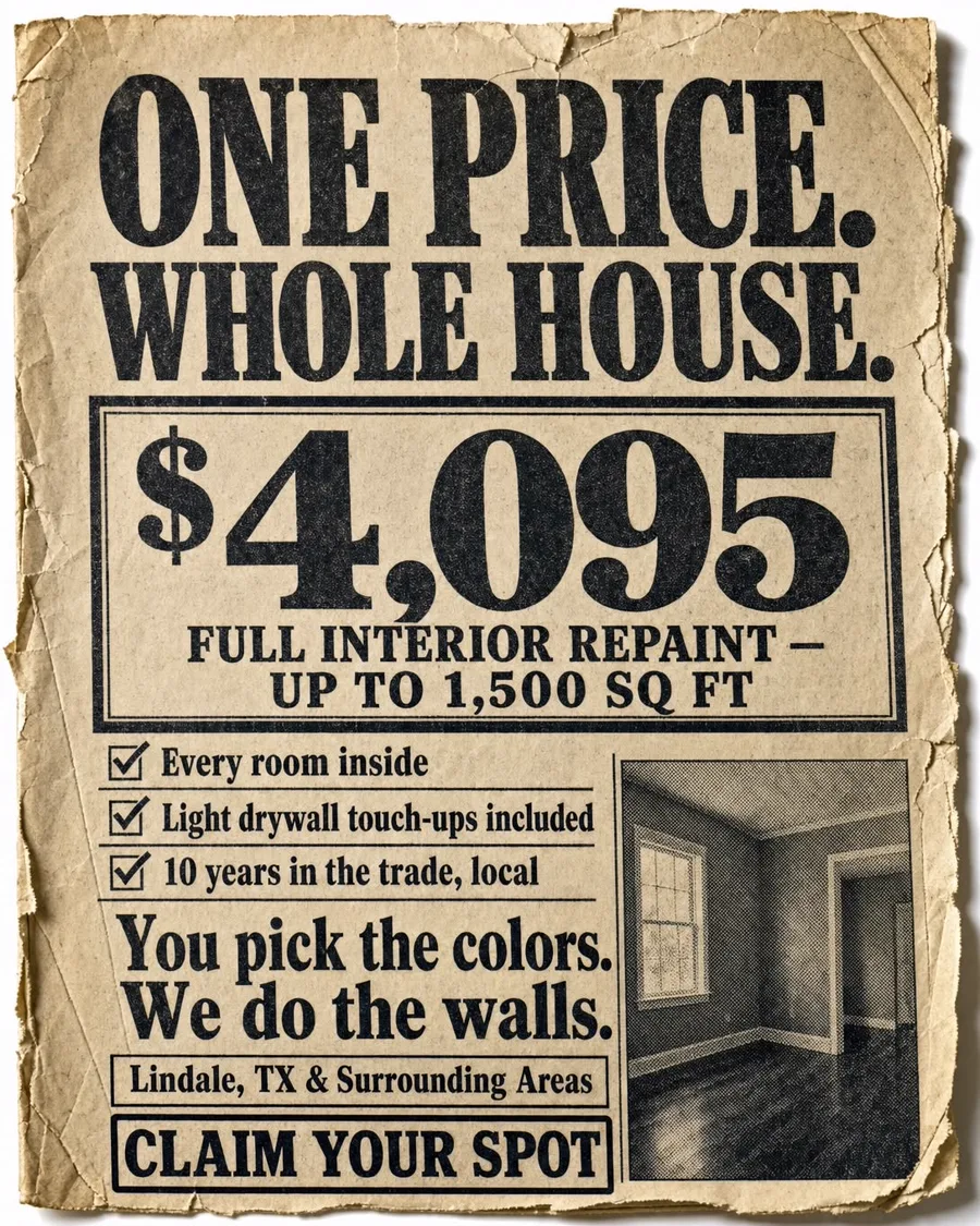 No vague estimates — one posted price, $4,095 full interior repaint