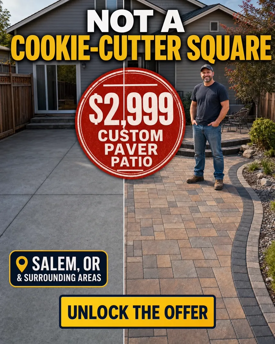 Custom paver patio with curved borders behind an Oregon home — $2,999 for 200 sq ft, designed and installed