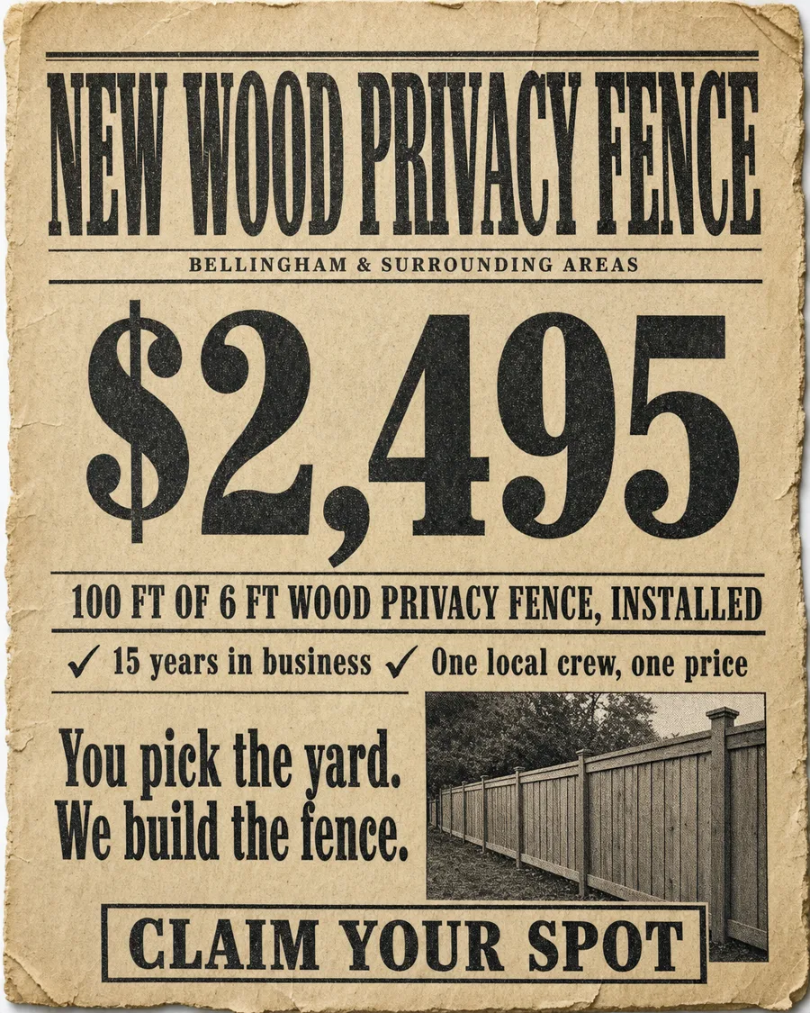 New wood privacy fence — $2,495 for 100 ft of 6 ft wood privacy fence, installed, Bellingham and Whatcom County